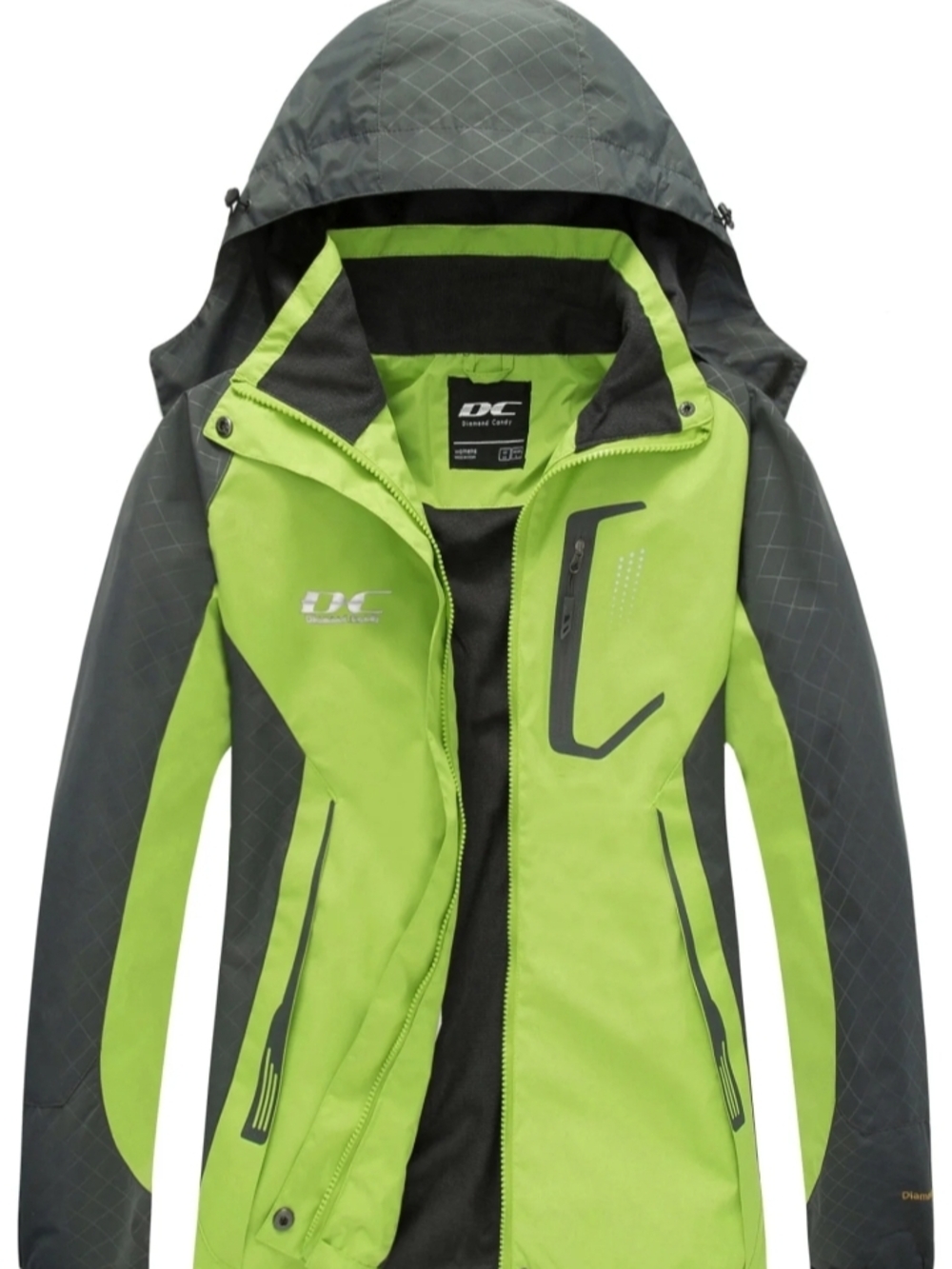 Diamond Candy - Women's XXL Neon Lime and Gray Waterproof Hooded Raincoat